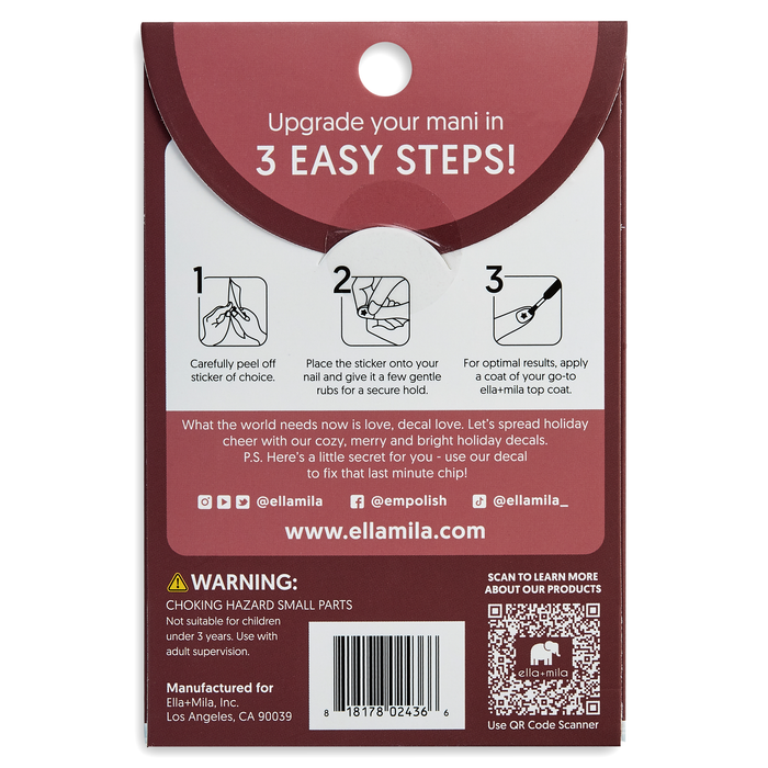 A Touch of Cheer holiday nail decals packaging, back with 3-step application instructions