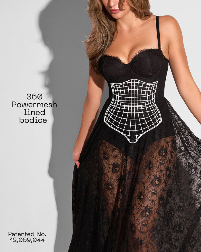 Graphic of Bombshell Maxi Dress - Lace Black highlighting powermesh lined bodice