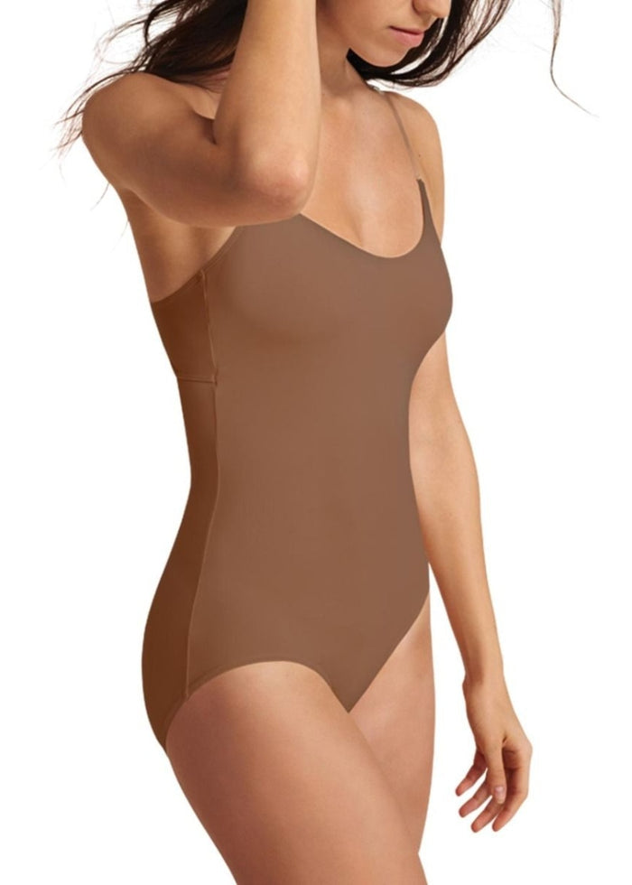 Capezio 3565 undergarment liner leotard in dark nude shade with clear adjustable camisole straps