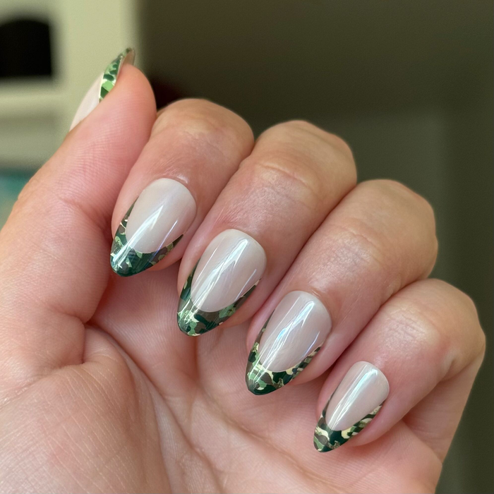Camo French - Press-On | Medium | Almond nails with neutral base and green camo print French tips for easy at-home mani