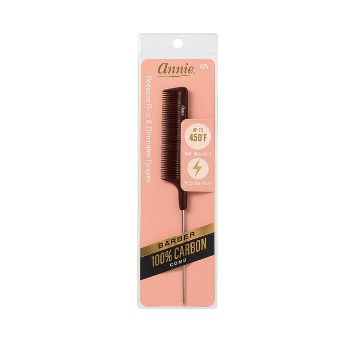 ANNIE carbon pin tail comb with 100 percent carbon material reduces frizz and eliminates tangles