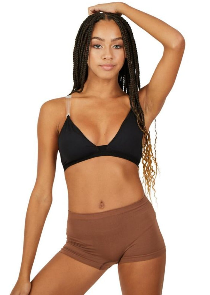 Capezio 3 777 undergarment triangle plunge dance bra with clear adjustable straps in black