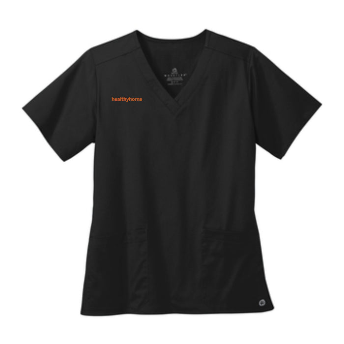 Healthy Horns Wink Ladies Black Scrub Top w/ Burnt Orange Embroidery