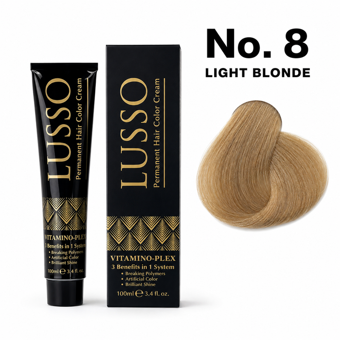 LUSSO Permanent Hair Colour Cream 100 ml No. 8 Light Blonde with colour swatch
