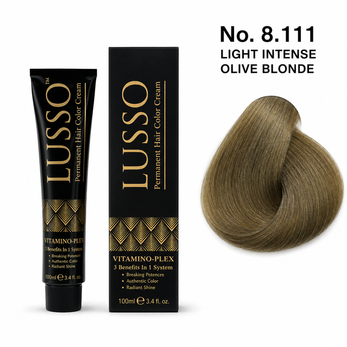 LUSSO Permanent Hair Colour Cream 100 ml No. 8.111 Light Intense Olive Blonde with colour swatch