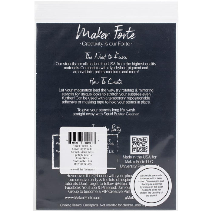 Maker Forte - Stencils Spotlight Insert - Collection 2. This package includes 4 circle dies that measure 3.5" and designed to coordinate with the Spotlight Stencil Line. Made in USA. Available at Embellish Away located in Bowmanville Ontario Canada.