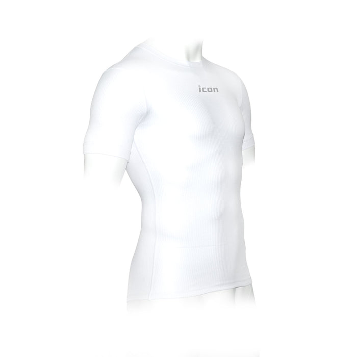 White short-sleeve base layer shirt with 'icon' logo