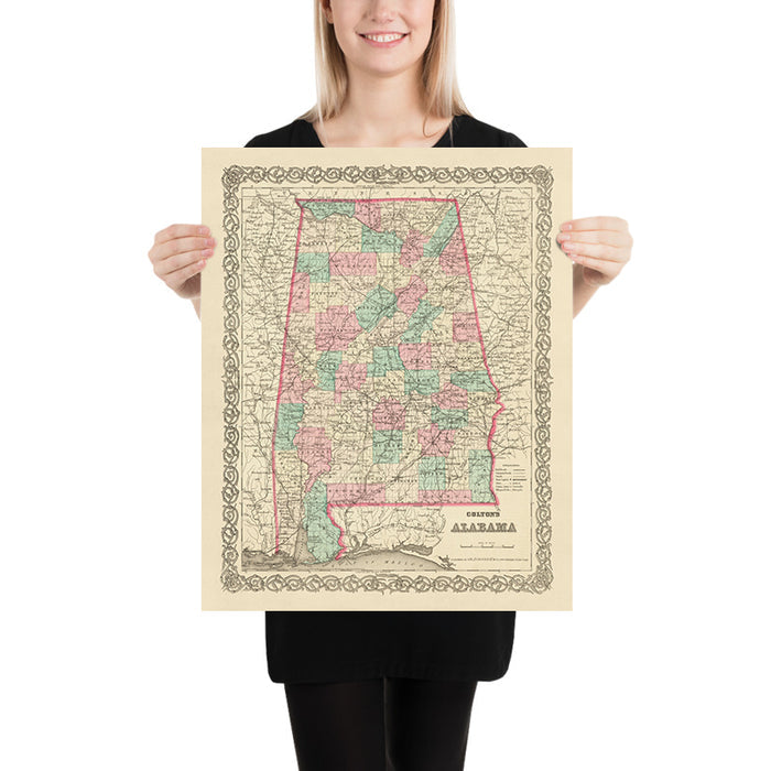 Old Map of Alabama, 1855 by J.H. Colton: Mobile, Montgomery, Huntsville, Tuscaloosa, and Selma