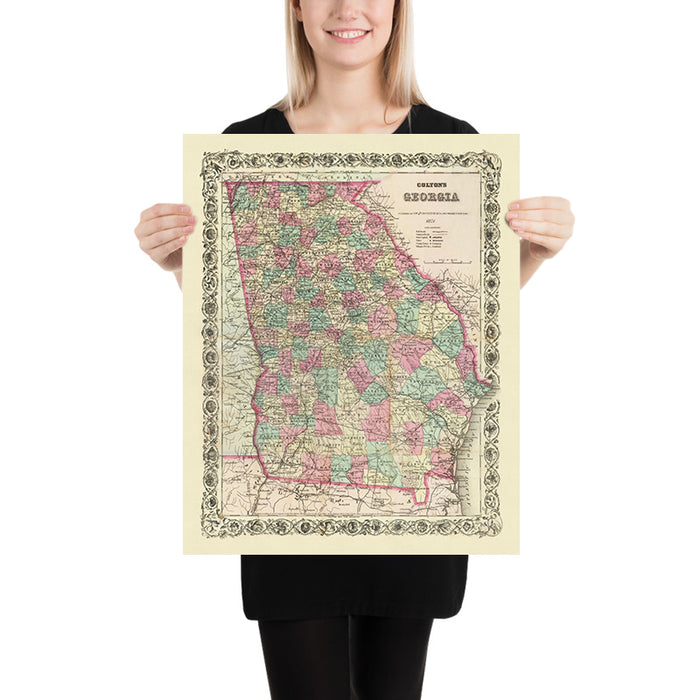 Old Map of Georgia by J.H. Colton, 1871: Savannah, Augusta, Columbus, Macon, and Athens