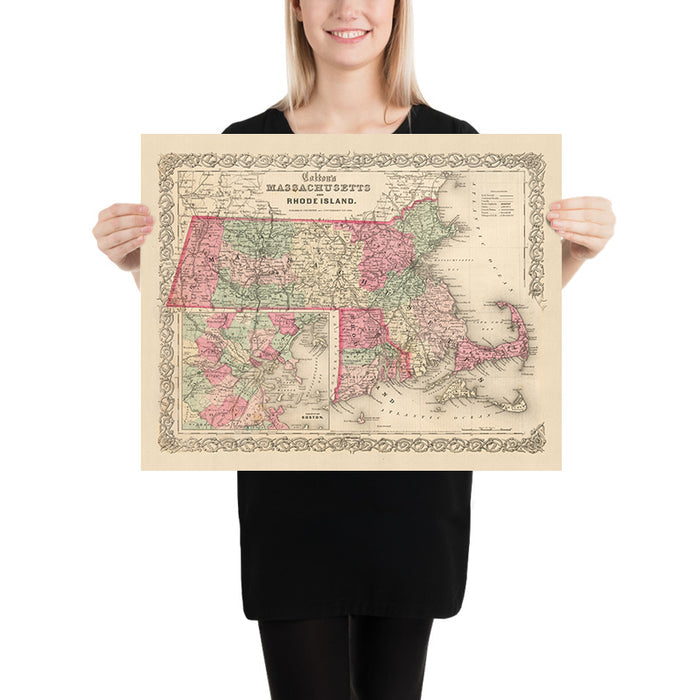Old Map of Massachusetts by J.H. Colton, 1855: Boston, Worcester, Springfield, Lowell, and New Bedford