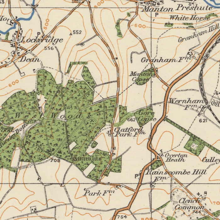 Old Ordnance Survey Map, Sheet 112 - Marlborough, 1925: Calne, Devizes, Hungerford, Lambourn, North Wessex Downs AONB – centre detail crop
