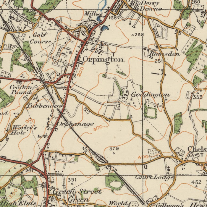 Old Ordnance Survey Map, Sheet 115 - S.E. London & Sevenoaks, 1925: Croydon, Bromley, Dartford, Gravesend, Caterham – centre detail crop