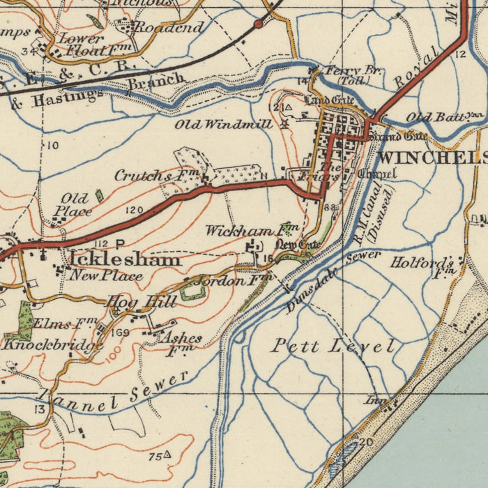 Old Ordnance Survey Map, Sheet 135 - Hastings, 1925: Bexhill, Rye, Battle, Lydd, High Weald AONB – centre detail crop
