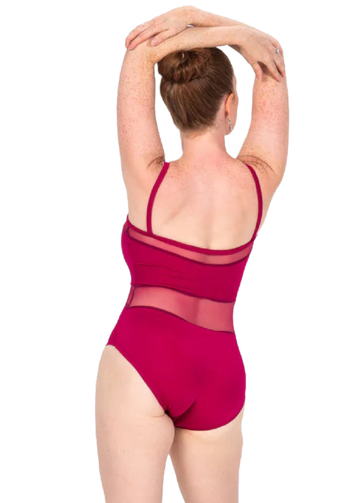 MSeam Apparel Women's Daisy Mesh Insert Camisole Leotard in Raspberry (dark reddish pink)