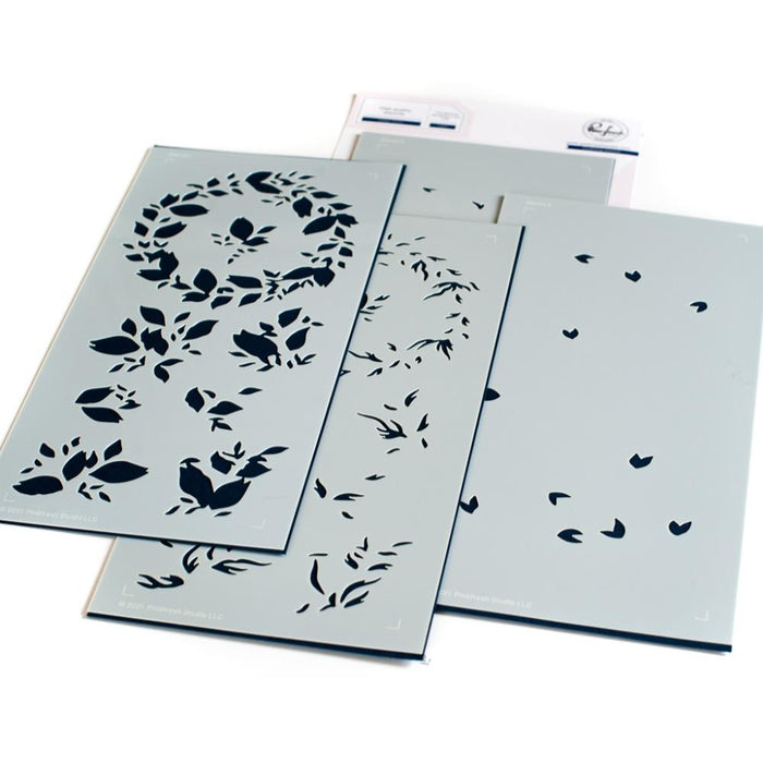 Pinkfresh Studio - Stencils 4"X9" - 4/Pkg - Indigo Vines Layering. 4 piece layering stencil designed by Simona Anghileri. There is a separate stencil for each layer, with guidelines on each stencil for perfect alignment every time. Approximate measurement: 4 x 9 inches. Imported. Available at Embellish Away located in Bowmanville Ontario Canada.