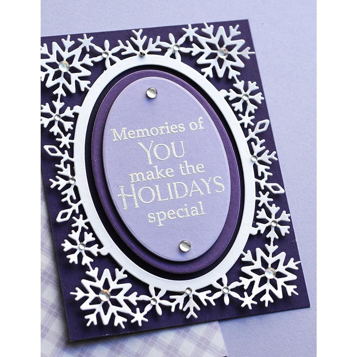 Poppystamps - Metal Die - Snowflake Oval Frame. Available at Embellish Away located in Bowmanville Ontario Canada. card example by brand ambassdor.