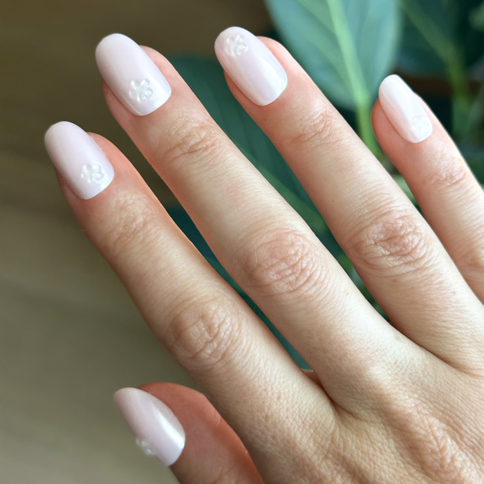 Puffy Floral Metallic - Press-On | Short | Round with soft pale pink polish and subtle 3D translucent flower details for easy mani