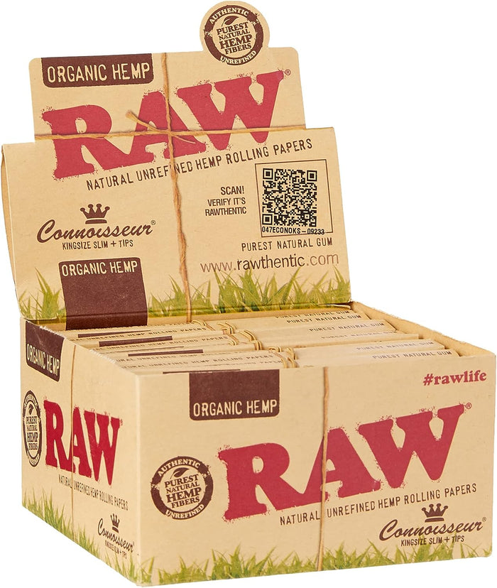 RAW | ORGANIC HEMP PAPERS CONNOISSEUR KINGSIZE SLIM + TIPS | 24PK