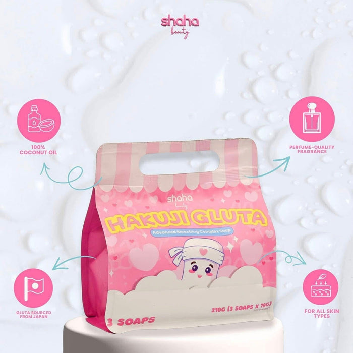 Shaha Beauty Hakuji Gluta Advanced Bleaching Complex Soap (70g x 3 Bar) صابون شاها بيوتي هاكوجي جلوتا المتطور لتفتيح البشرة - Princess Cosmetics Qatar