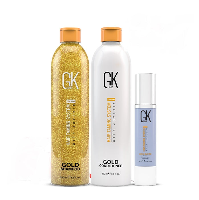 Shine Your Hair trio: gold glitter Gold Shampoo 250 ml, white Gold Conditioner 250 ml and 50 ml Cashmere styling cream