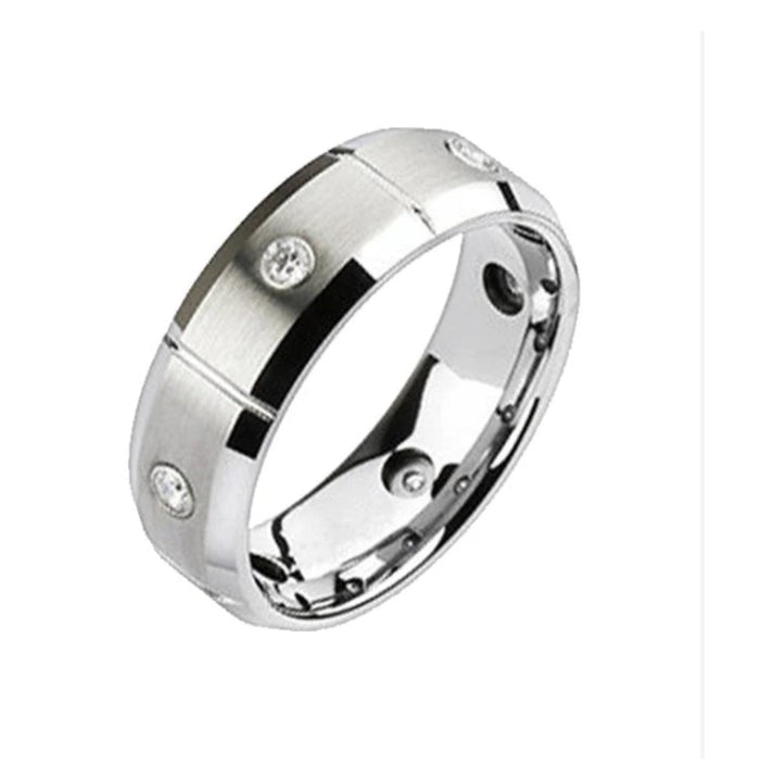 Silver Tungsten Carbide Beveled Edge Ring with Stone Set (8mm)