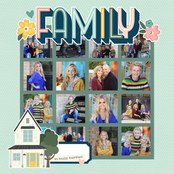 Simple Stories - Simple Pages Page Template - Design 7. Includes (1) 16-2x2 divided template. Available at Embellish Away located in Bowmanville Ontario Canada. Completed Example