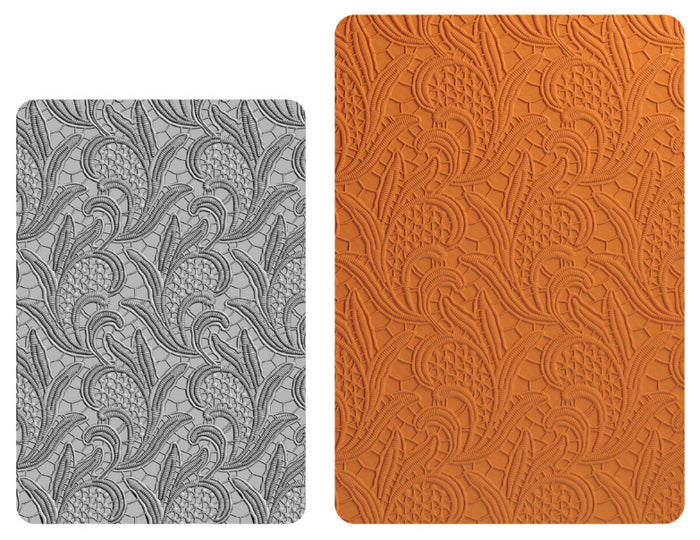 Sizzix - 3D Texture Fades Embossing Folder By Tim Holtz - Large/A5 - Lacy Leaves. Size: 6" x 8 1/2" Available at Embellish Away located in Bowmanville Ontario Canada.