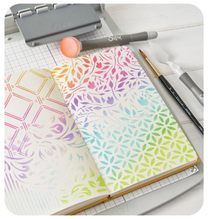 Sizzix - Layered Stencils by Willow Wolfe - Backgrounds (4pk). Available at Embellish Away located in Bowmanville Ontario Canada. Example by Willow Wolfe.