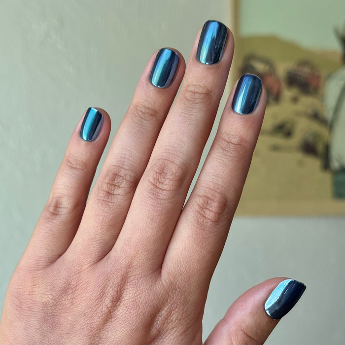Suited Chrome - Tab Press-On | Extra Short | Squoval deep midnight blue nails with shiny metallic chrome finish for easy at-home mani