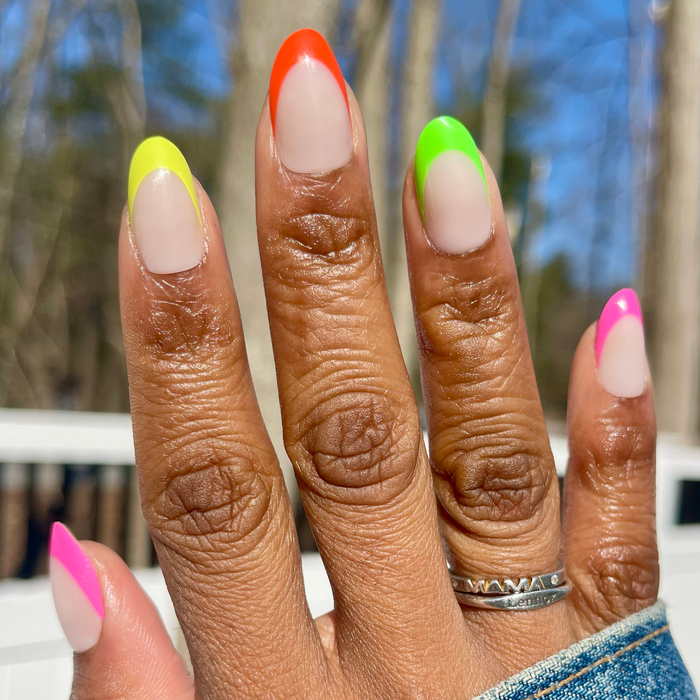 Thick Rainbow French Mixed Pack - Press-On | Medium | Oval with neon yellow, orange, green, and pink french tips for easy mani