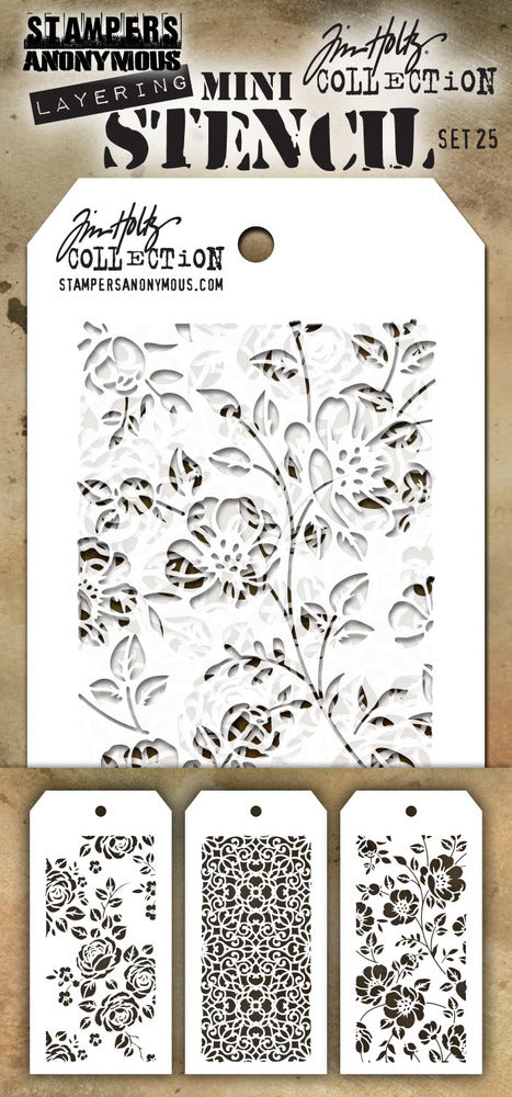 Tim Holtz - Mini Layering Stencil Set - #25 (3pc). Available at Embellish Away located in Bowmanville Ontario Canada.