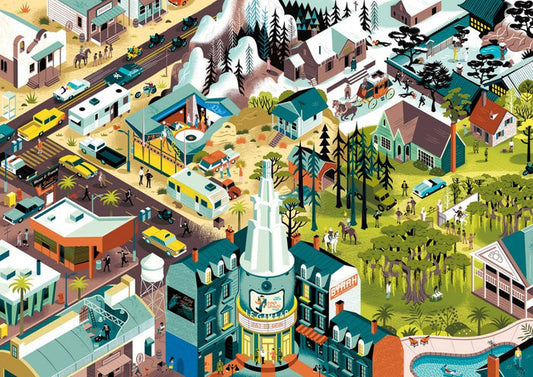 A colorful 1000-piece heye jigsaw puzzle homage to quentin tarantino films, depicting a whimsical cartoon version of a small town with various buildings and a prominent church-like structure in the center.