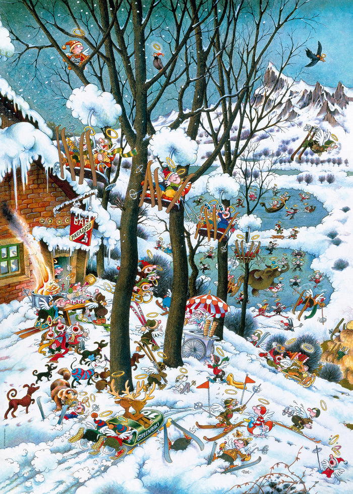 Heye 1000-piece jigsaw puzzle  In Winter part of the paradise series depicting a winter scene with people engaging in various activities on a snowy day.