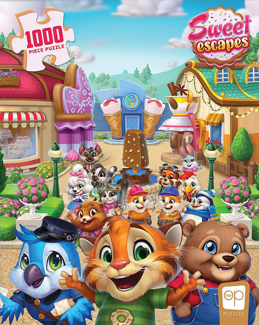 A colorful puzzle piece featuring cartoon animal characters likely from a mobile matching game, assembled in a sweet portrait, with a '1000 Piece' label and 'Sweet Escapes' branding.