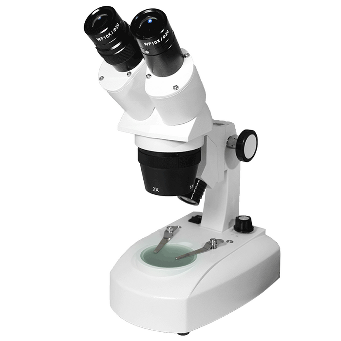 10X/20X Widefield Stereo Microscope, Binocular, Track Stand, Halogen Top and Bottom Light, Bright Field, SKU FS12140122, three quarter front view