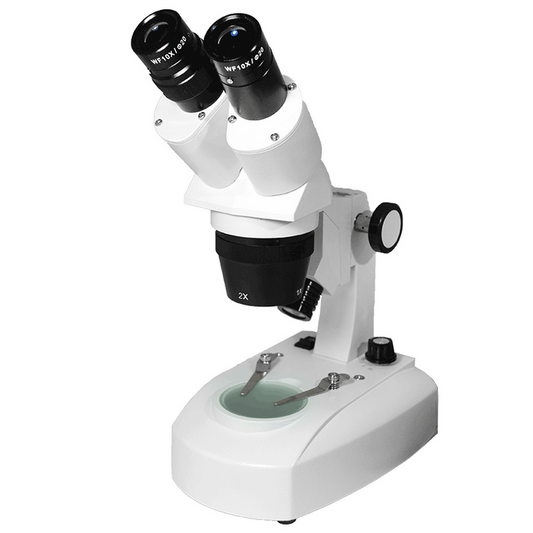 10X/20X Widefield Stereo Microscope, Binocular, Track Stand, Halogen Top and Bottom Light, Bright Field, SKU FS12140122, three quarter front view