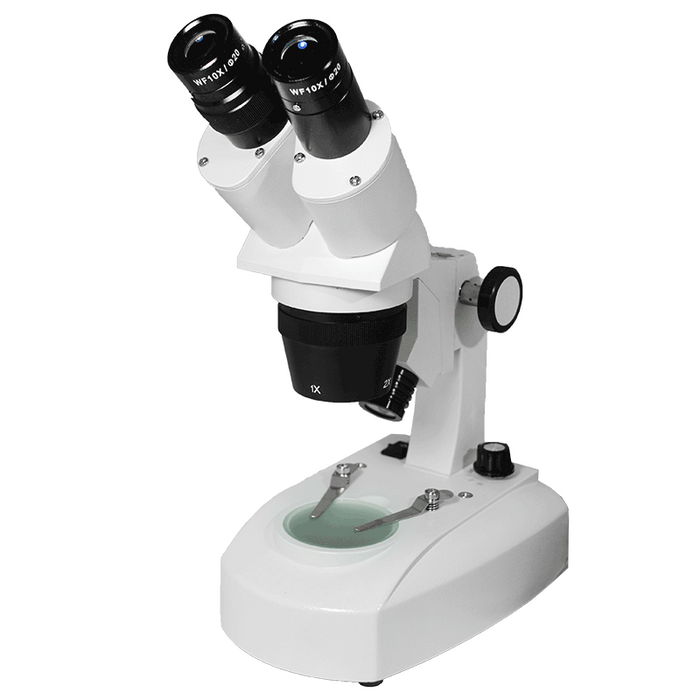 10X/20X Widefield Stereo Microscope, Binocular, Track Stand, LED Top and Bottom Light, Bright Field, SKU FS12140124, three quarter front view
