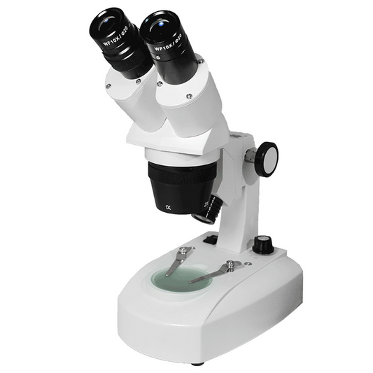 10X/20X Widefield Stereo Microscope, Binocular, Track Stand, LED Top and Bottom Light, Bright Field, SKU FS12140124, three quarter front view