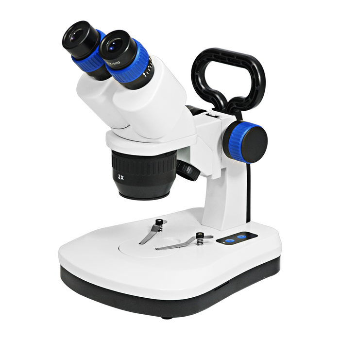 10X/20X Widefield Stereo Microscope, Bioncular, LED Top and Bottom Light, with Handle, SKU FS12150122, three quarter front view