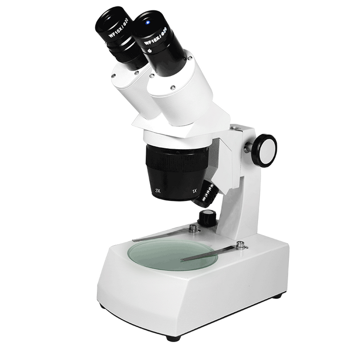 10X/30X Widefield Stereo Microscope, Binocular, Track Stand, LED Top and Bottom Light, Bright Field, SKU FS12120231, three quarter front view