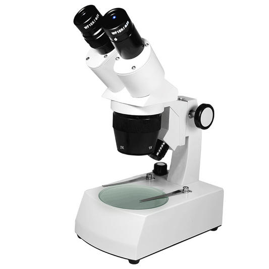 10X/30X Widefield Stereo Microscope, Binocular, Track Stand, LED Top and Bottom Light, Bright Field, SKU FS12120231, three quarter front view