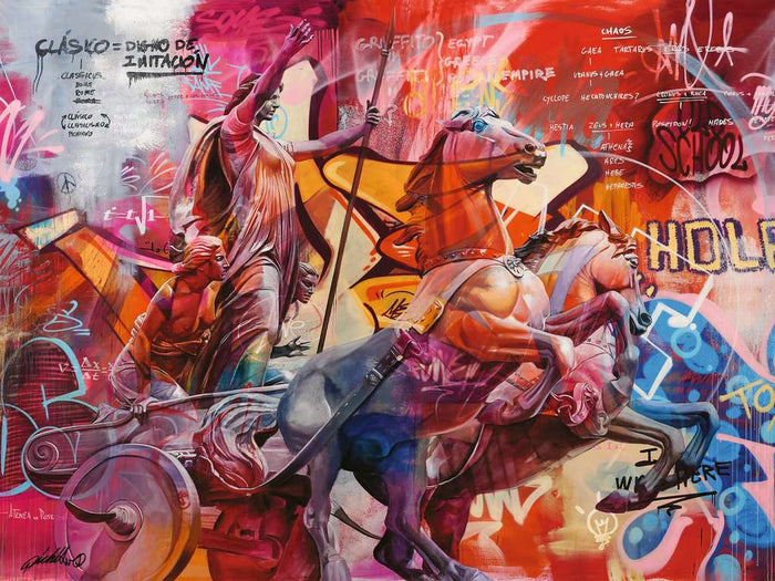 A colorful puzzle depicting a stylized version of Nike, the Greek goddess of victory, and other figures on a vibrant background, with a mix of graffiti and classical art elements.