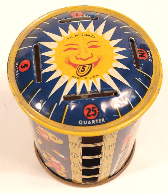 1930's Children's Rotating COIN BANK, Sunburst, Metal Money Savings Tin