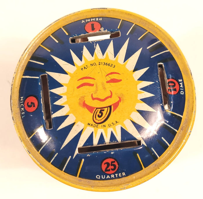 1930's Children's Rotating COIN BANK, Sunburst, Metal Money Savings Tin