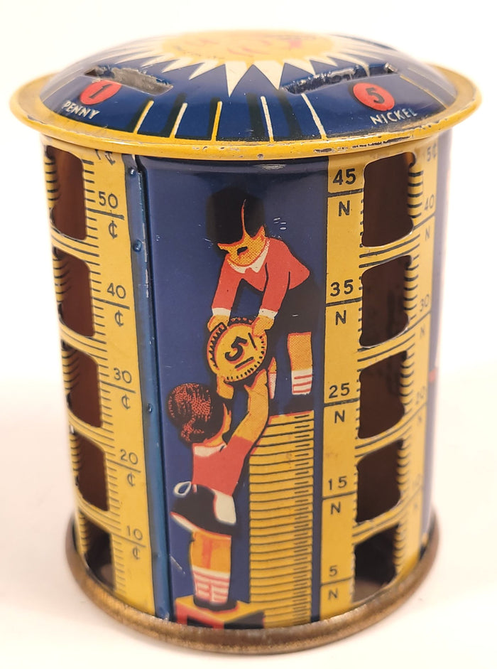 1930's Children's Rotating COIN BANK, Sunburst, Metal Money Savings Tin