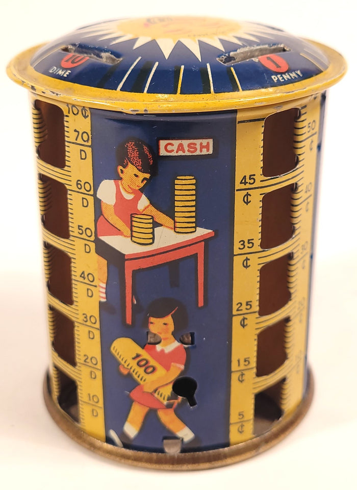 1930's Children's Rotating COIN BANK, Sunburst, Metal Money Savings Tin