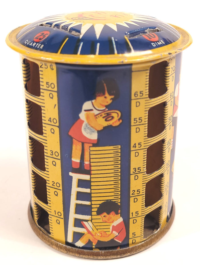 1930's Children's Rotating COIN BANK, Sunburst, Metal Money Savings Tin