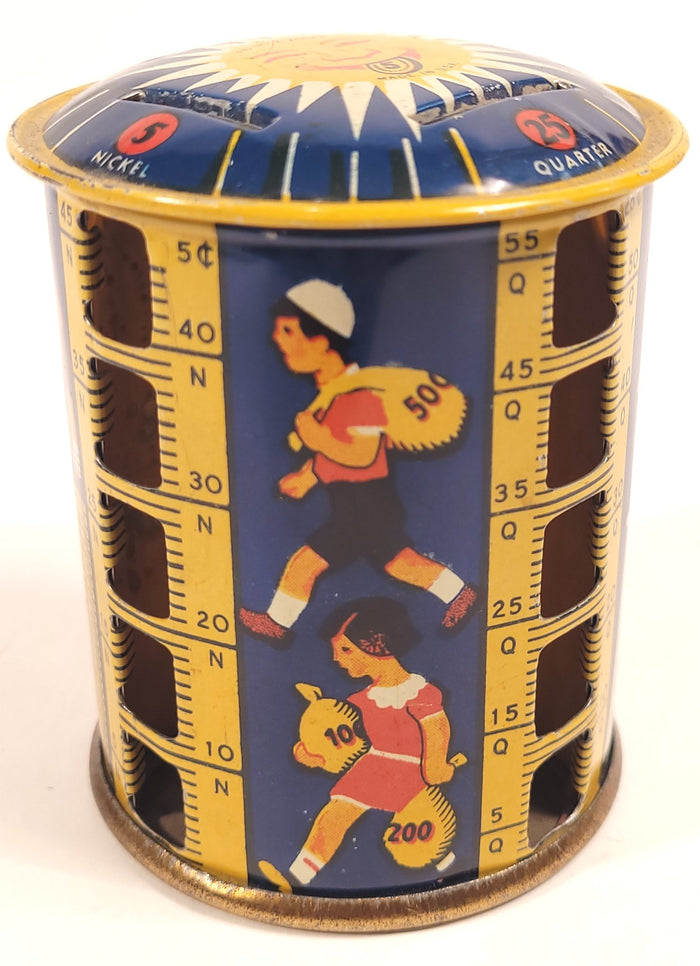 1930's Children's Rotating COIN BANK, Sunburst, Metal Money Savings Tin
