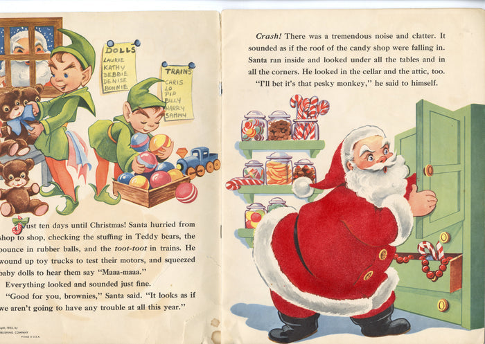 1955 SANTA CLAUS & LILY MONK Children's Flocked Christmas Storybook, Children, Monkey