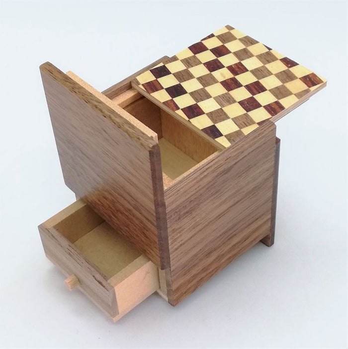 2 Sun 4 Step Natural Wood / Ichimatsu Cubic WITH HIDDEN DRAWER Japanese Puzzle Box